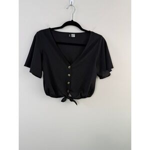 H&M Divided Top Black S Short Sleeve Button Front Tie Hem Crop Blouse
